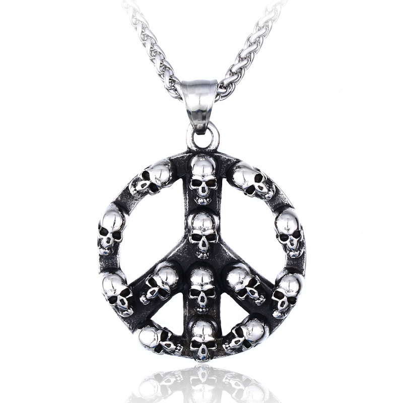 潮流鈦鋼男仕飾物 嬉皮機車手和平標誌骷髏頭吊墜頸錬 主图 05 177