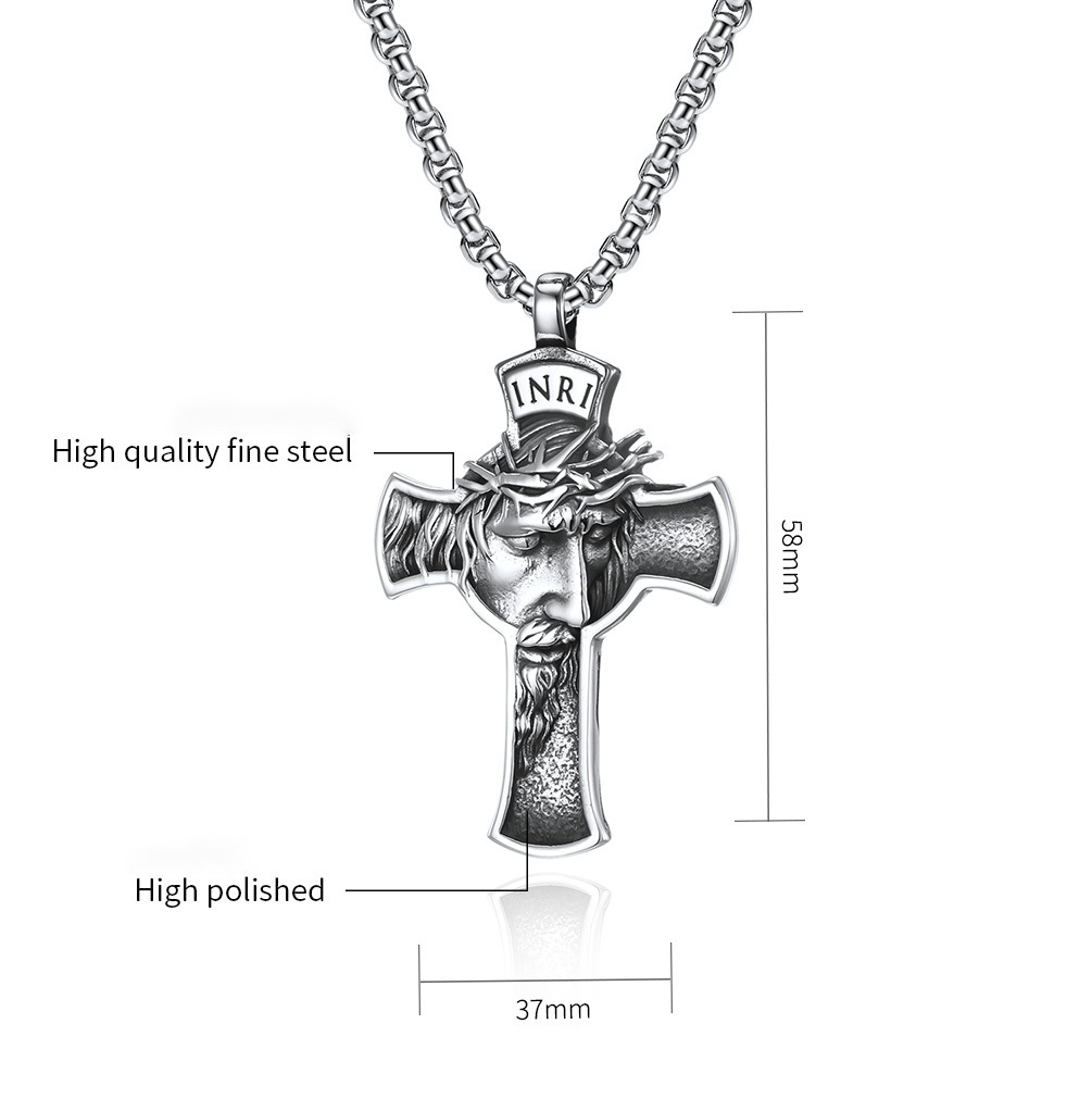 潮流鈦鋼男仕飾物 耶穌基督臉十字架吊墜頸錬 详情 12 6