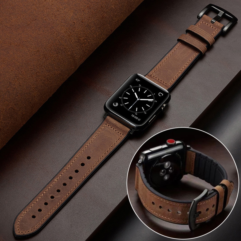 新款蘋果手錶apple iwatch1-8通用代矽膠貼皮復古瘋馬錶帶