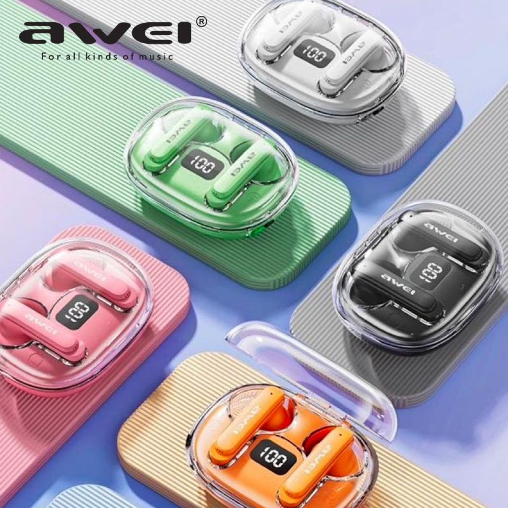 AWEI新款四咪E N C通話降噪透明炫彩充電倉TWS藍牙耳機T86