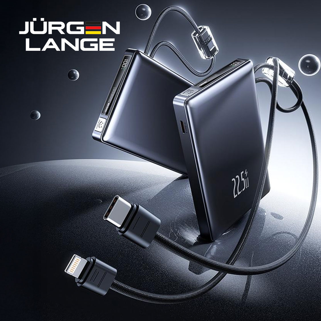 banner1 【JURGEN LANGE 自帶雙線移動電源】10000mAh/20000mAh雙容量|22.5W超級快充|蘋果Lightning+Type-C編織線|智能數顯|九重安全保護