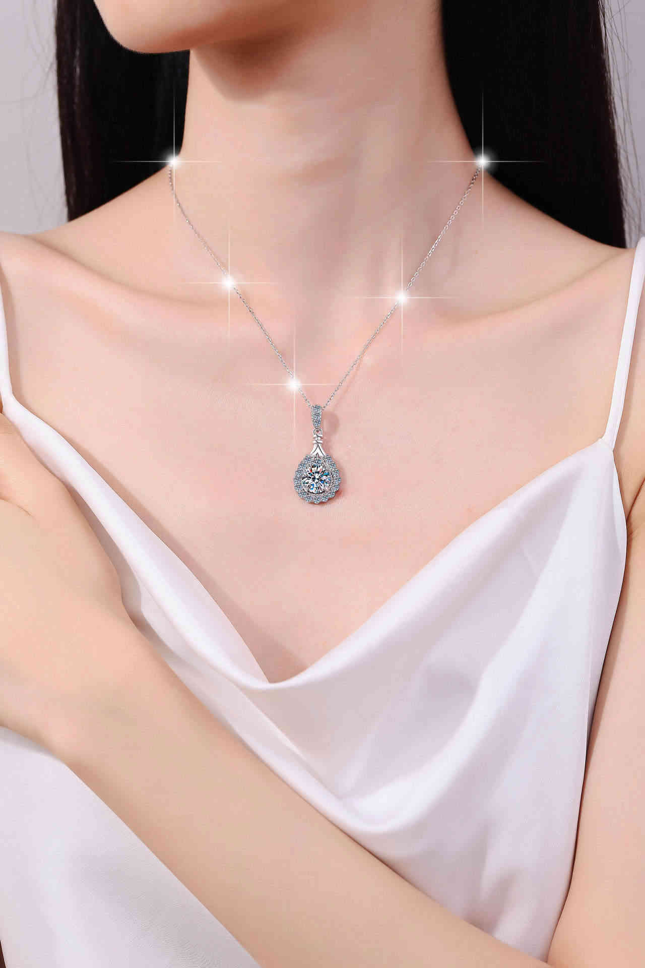 A (2) S925純銀經典水滴形1卡/3卡莫桑鑽頸鍊 - Image 6