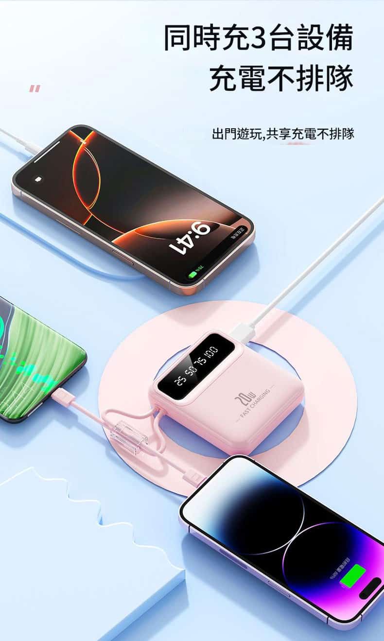 JURGEN LANGE 20,000mAh 20W快充數顯移動電源 | 自帶Lightning+Type-C雙線 | LED照明燈 | 三設備同時充 JURGEN LANGE 20K Powerbank 05