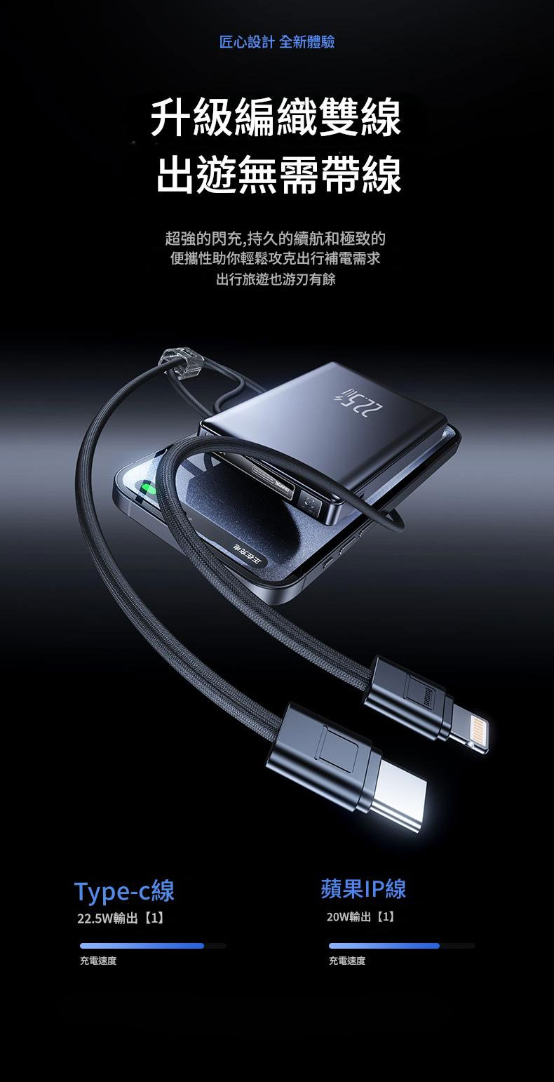 【JURGEN LANGE 自帶雙線移動電源】10000mAh/20000mAh雙容量|22.5W超級快充|蘋果Lightning+Type-C編織線|智能數顯|九重安全保護 JURGEN LANGE Powerbank 03