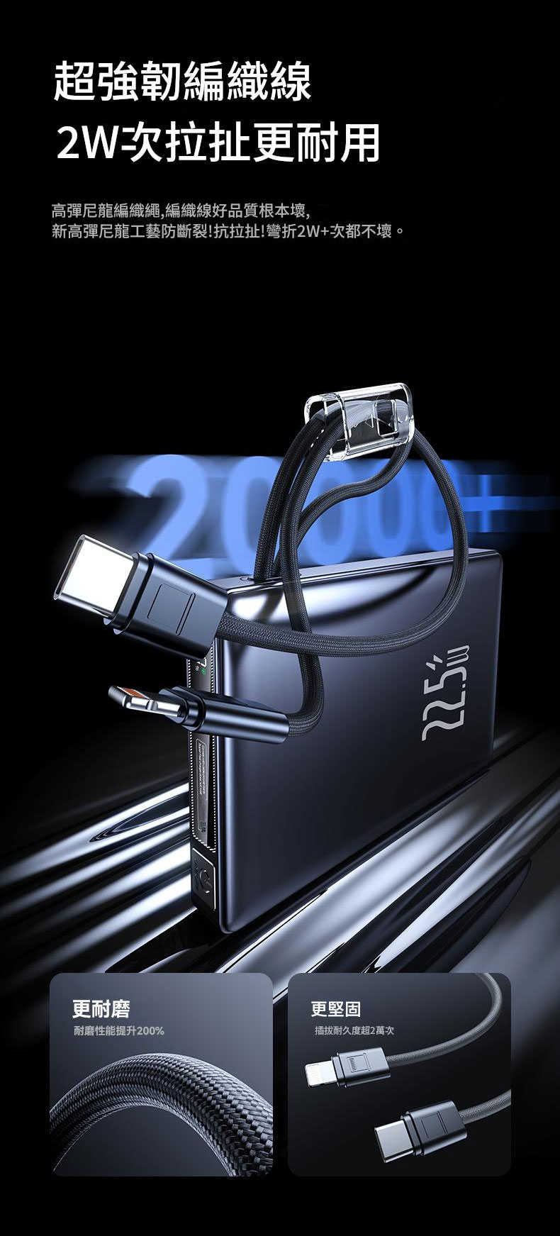 【JURGEN LANGE 自帶雙線移動電源】10000mAh/20000mAh雙容量|22.5W超級快充|蘋果Lightning+Type-C編織線|智能數顯|九重安全保護 JURGEN LANGE Powerbank 05