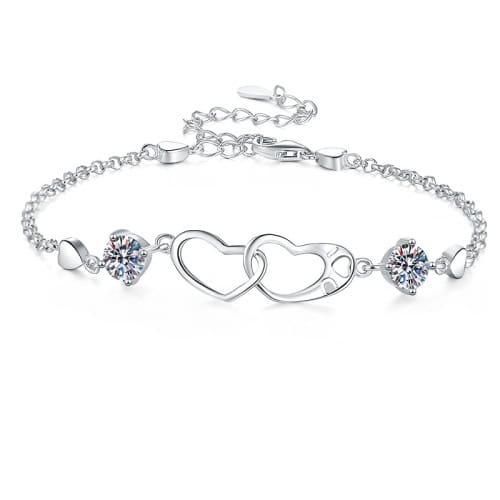 韓版S925純銀心扣心手鍊2顆D色0.5卡莫桑鑽手鏈