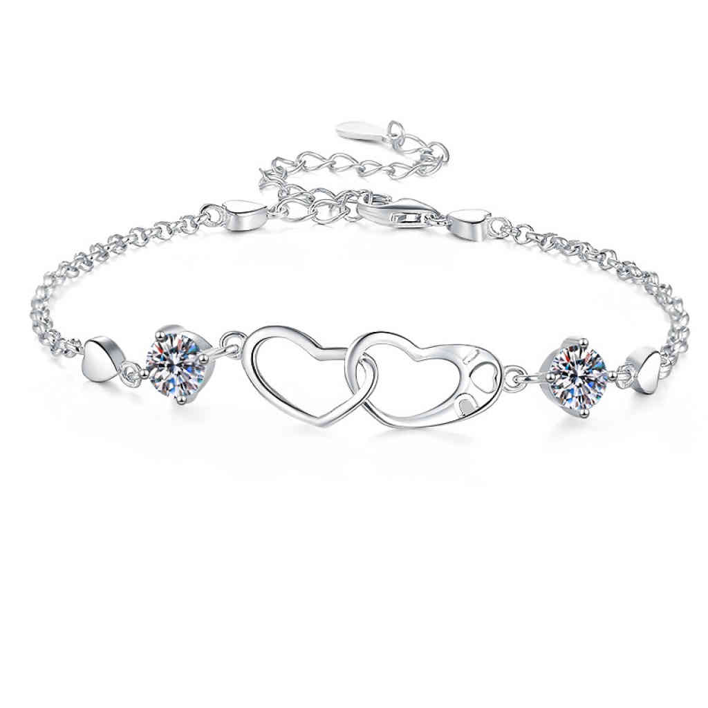 韓版s925純銀心扣心手鍊2顆d色0.5卡莫桑鑽手鏈