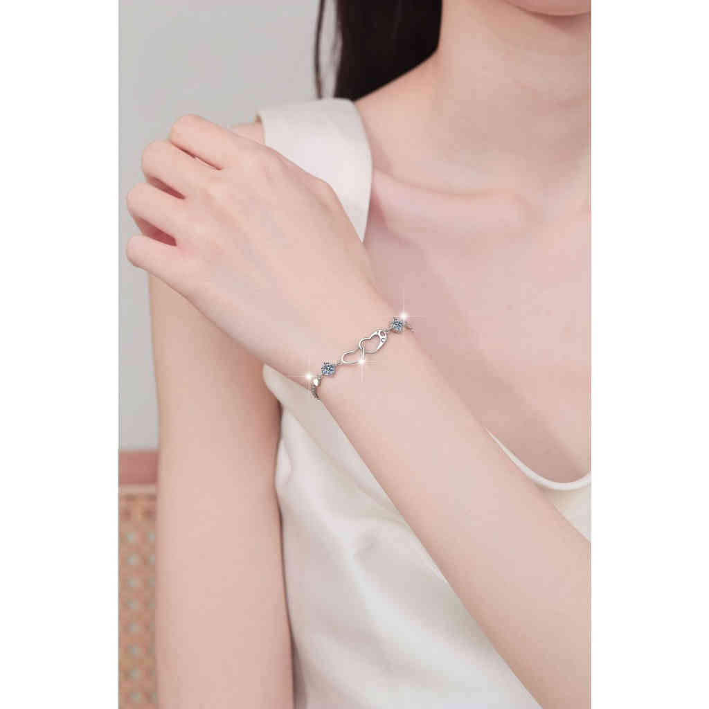 韓版s925純銀心扣心手鍊2顆d色0.5卡莫桑鑽手鏈