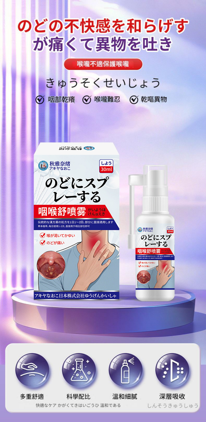 ( 日本 ) 秋雅奈緒舒緩喉部不適噴霧30ml/瓶x2