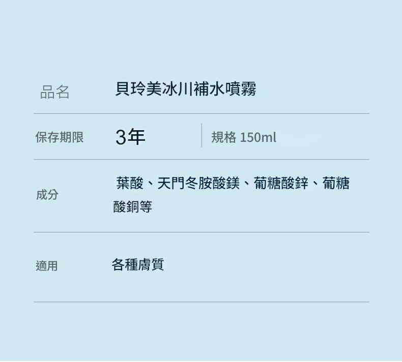 beiliing mei 葉酸冰川水清爽不油膩補水保濕滋潤爽膚噴霧 150ml/瓶