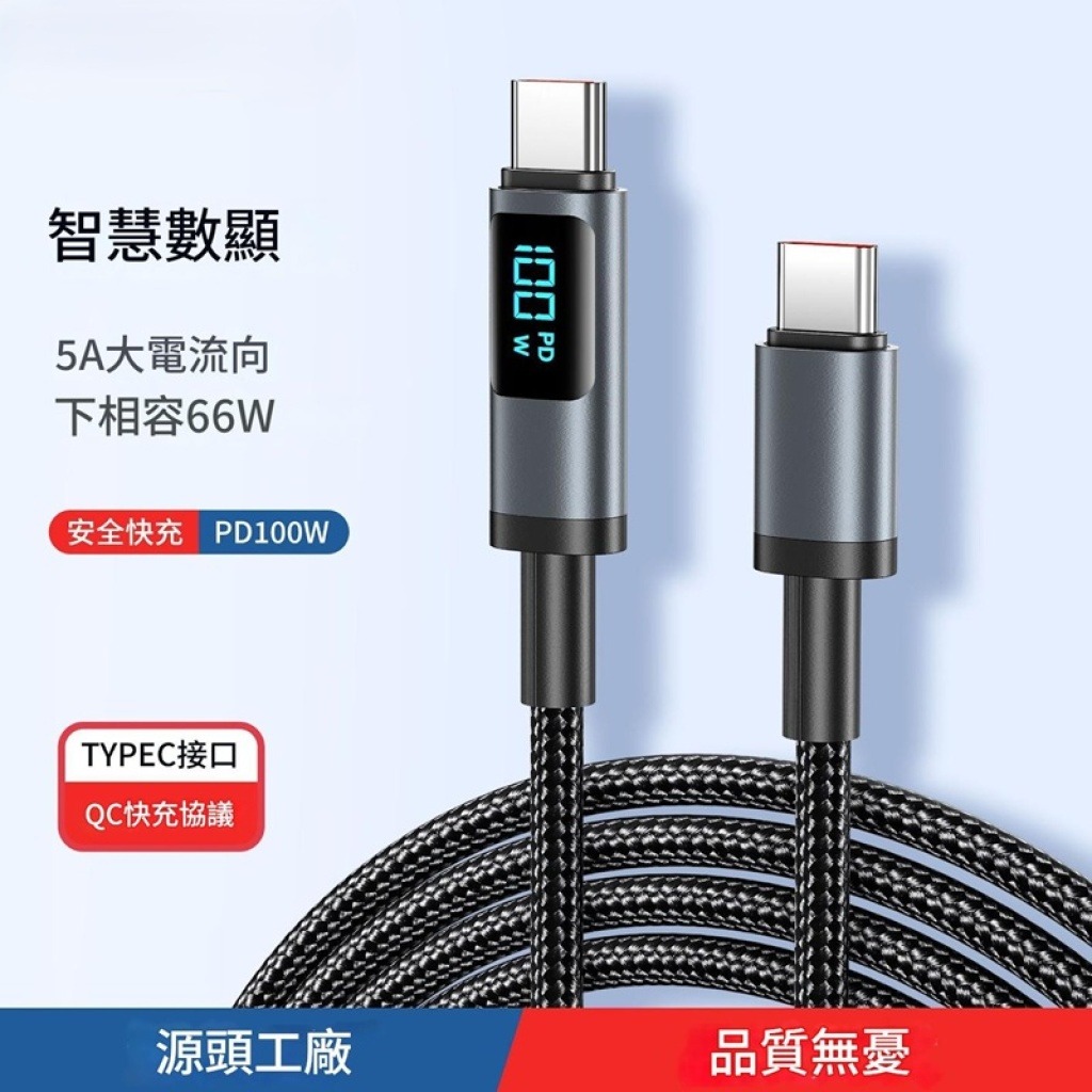 智慧數顯100w pd快充type c 編織數據線 相容於iphone 華為/三星/小米/oppo