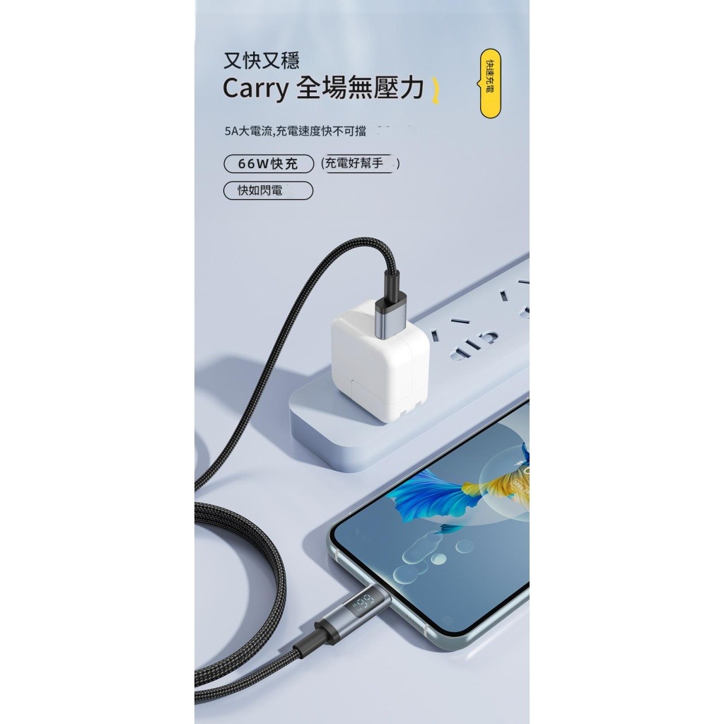 智慧數顯100w pd快充type c 編織數據線 相容於iphone 華為/三星/小米/oppo