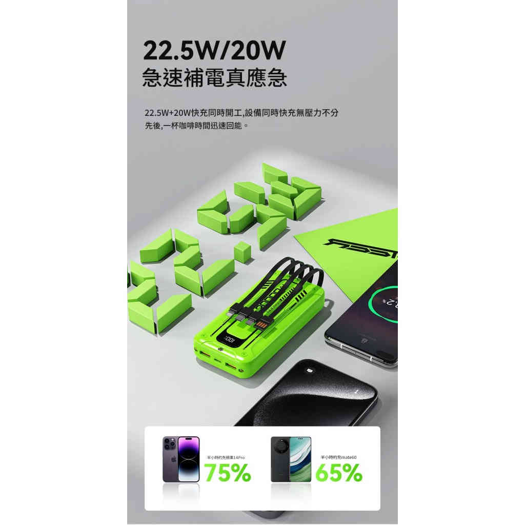 jurgen lange 22.5w超級快充自備線行動電源20000毫安