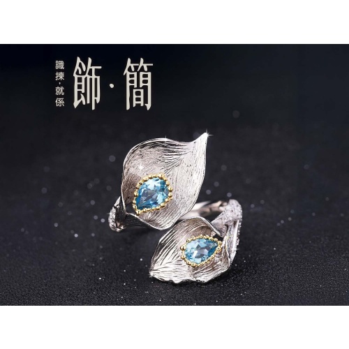 瑞士藍托帕石花瓣開口戒指 925純銀工藝