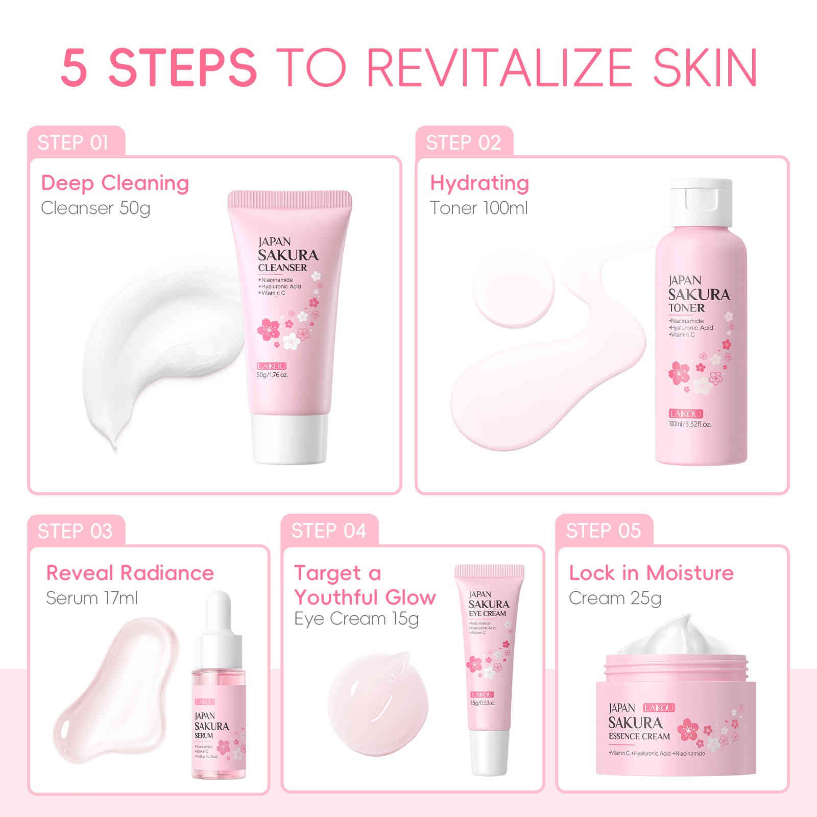laikou 日本櫻花煥膚護理五件套組(潔面乳/爽膚水/精華液/眼霜/精華霜) 352.3g/套