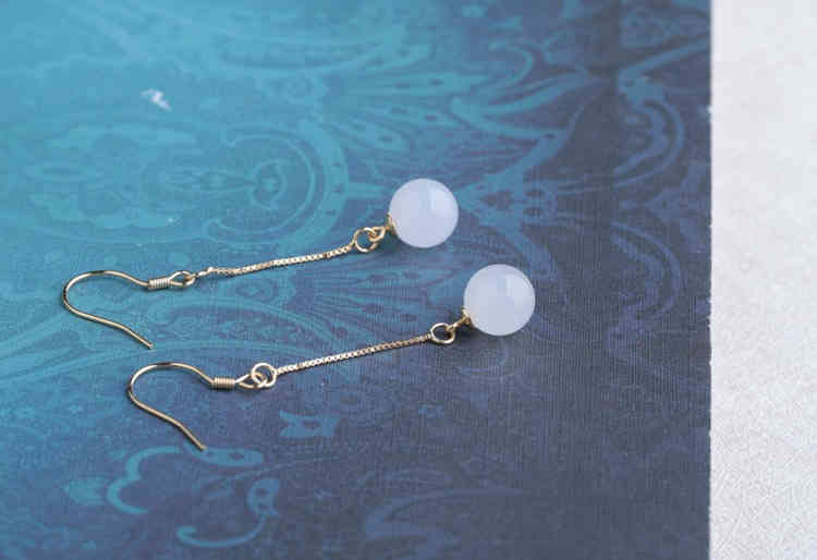 白色和田玉垂墜耳環 金色長鏈款(附證書) CUN00169 2