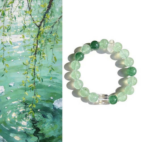 天青垂水天然綠草莓晶白水晶方糖手串