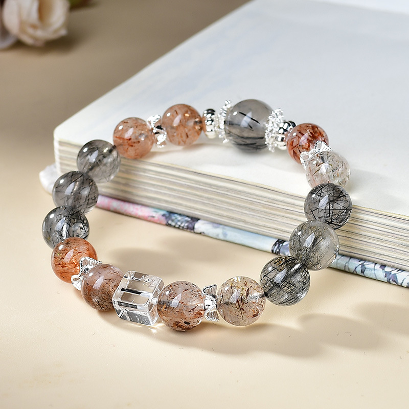 天然黑晶超黑髮晶白水晶方糖設計手鏈