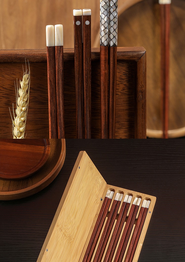 大紅酸枝木鑲貝筷子套裝