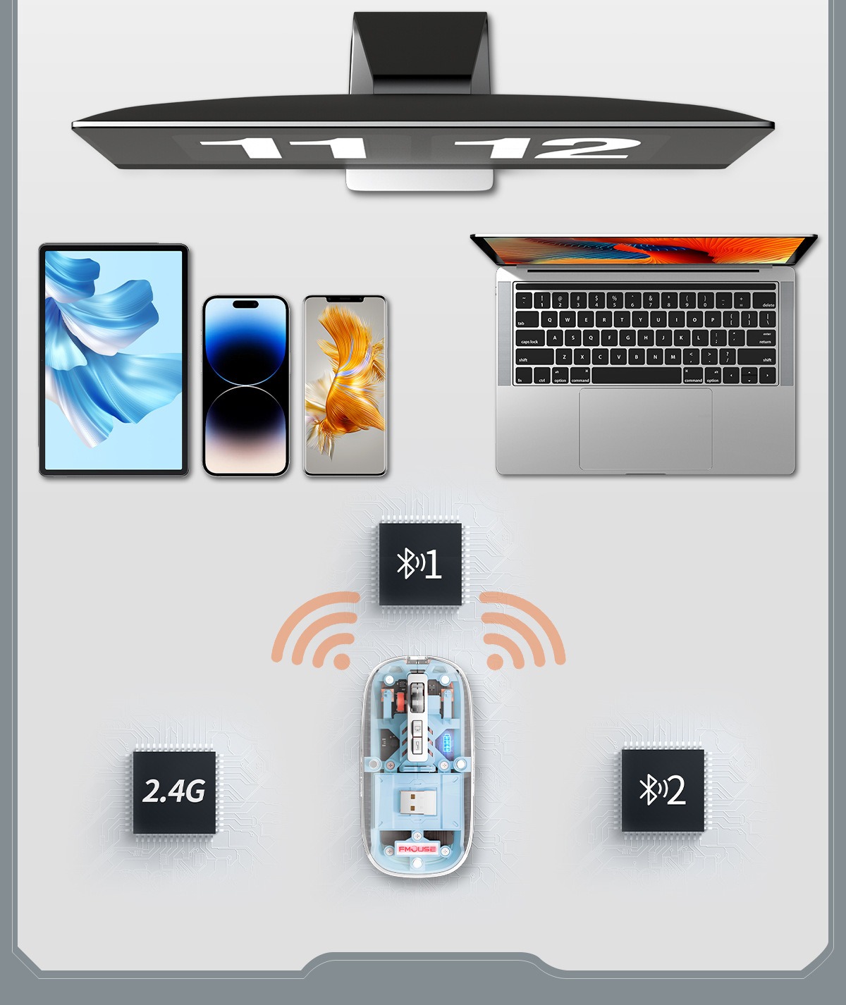 智能靜音無線滑鼠三模藍牙