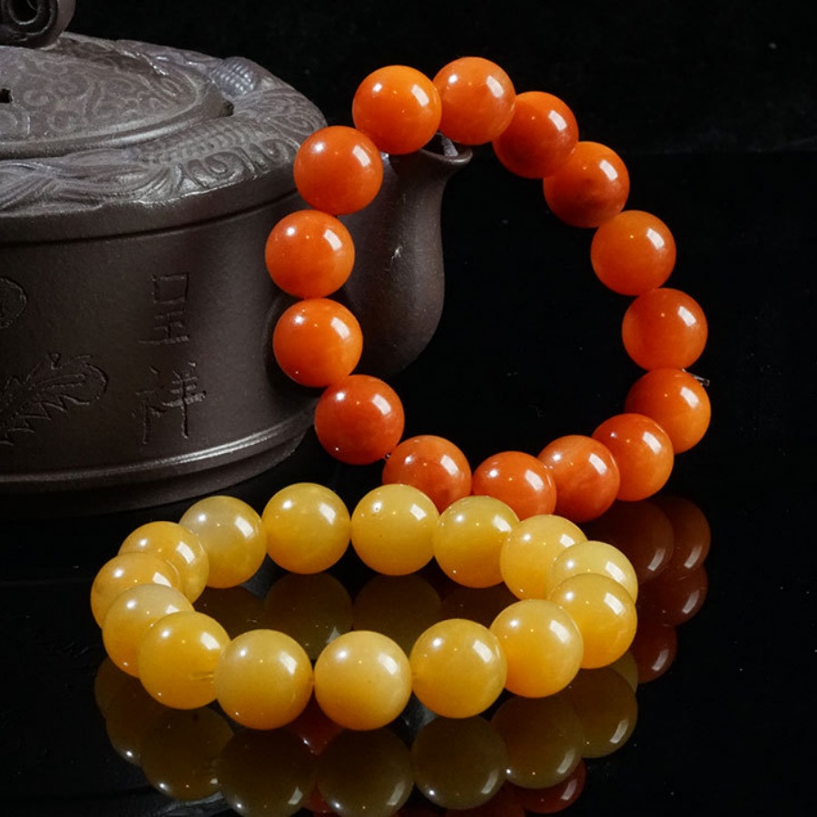 新疆天然金絲玉雞油黃紅玉手鏈 14mm