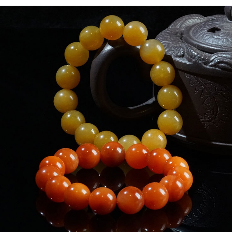 新疆天然金絲玉雞油黃紅玉手鏈 14mm