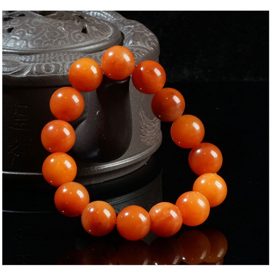 新疆天然金絲玉雞油黃紅玉手鏈 14mm