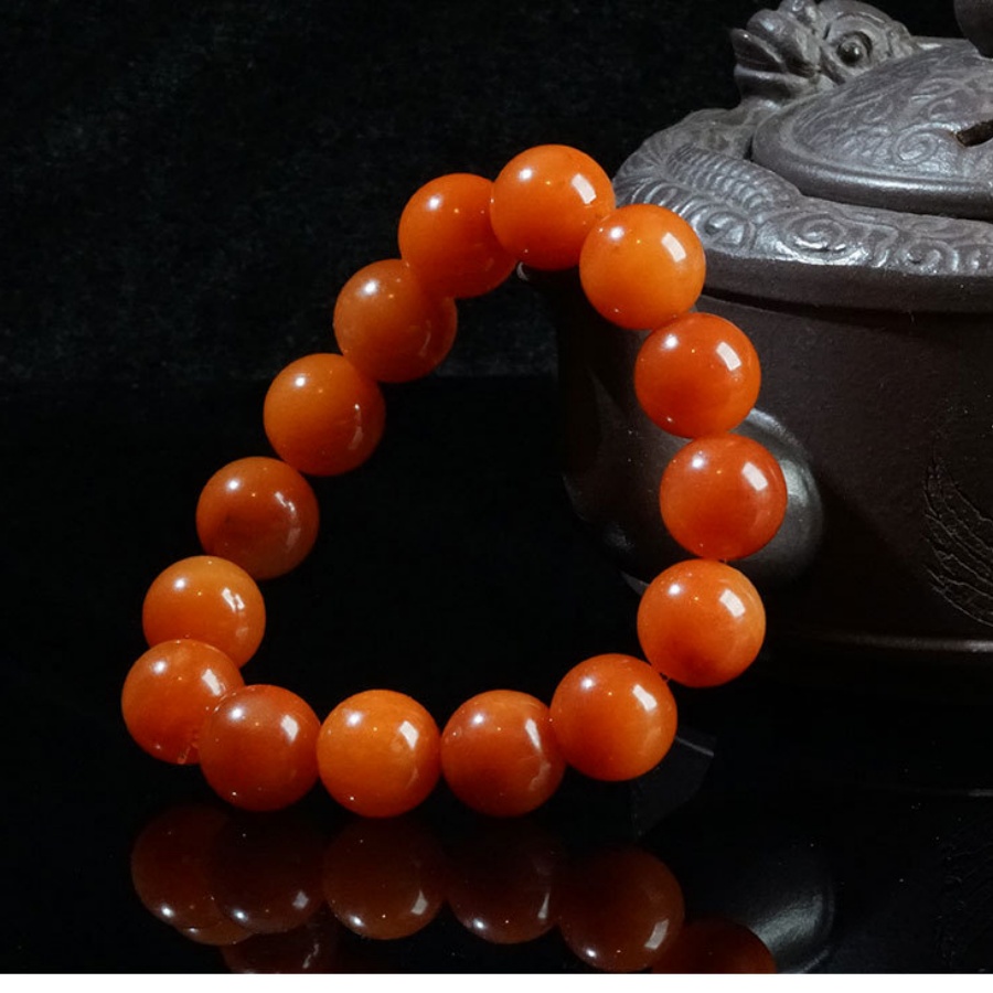 新疆天然金絲玉雞油黃紅玉手鏈 14mm