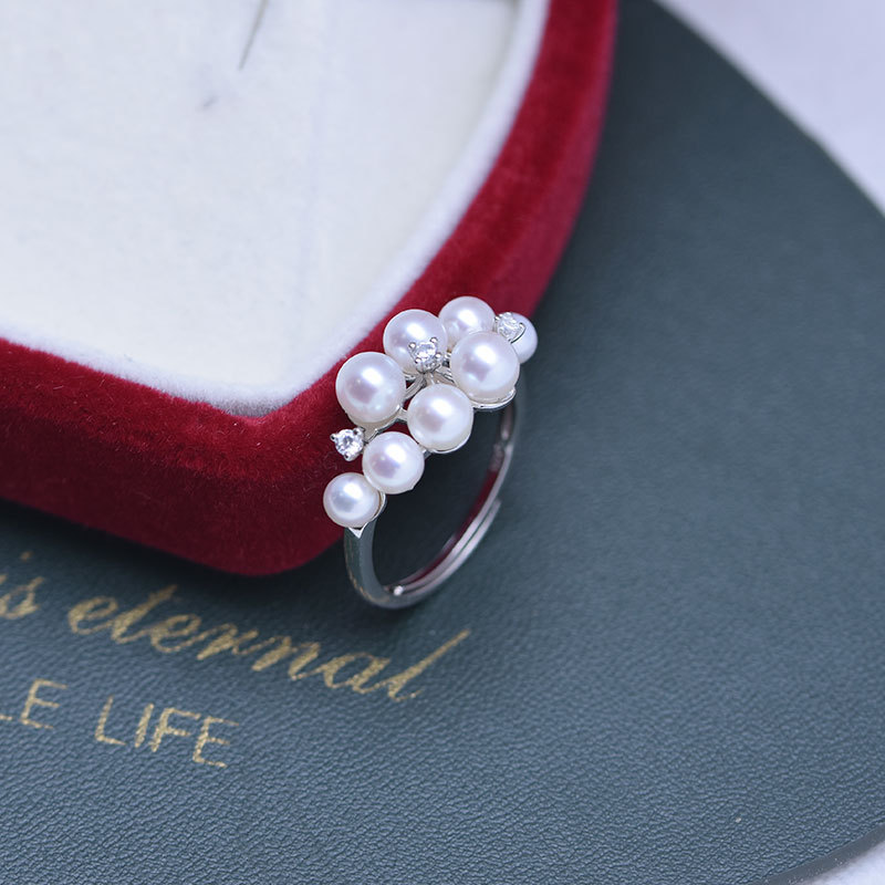 4 5mm正圓強光幾乎無瑕淡水珍珠s925銀多珠戒指