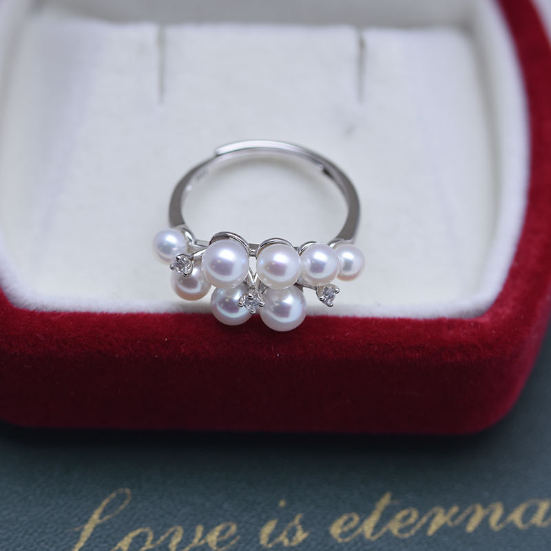 4 5mm正圓強光幾乎無瑕淡水珍珠s925銀多珠戒指