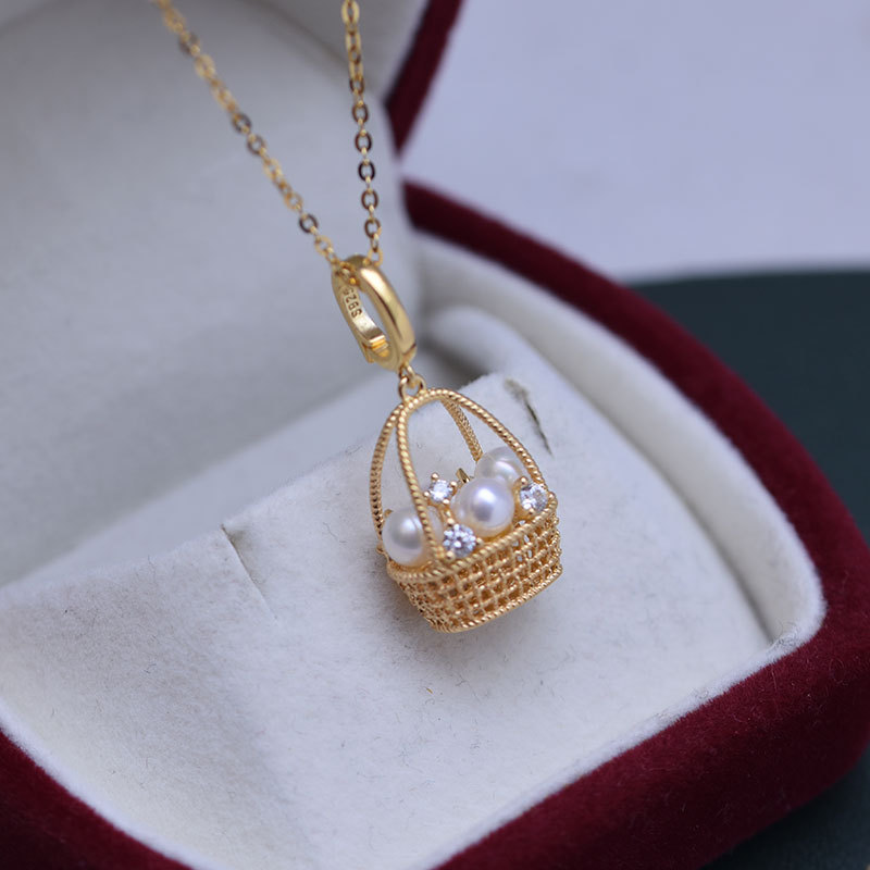 4 5mm淡水珍珠小花籃微鑲鋯石s925銀鎖骨鍊