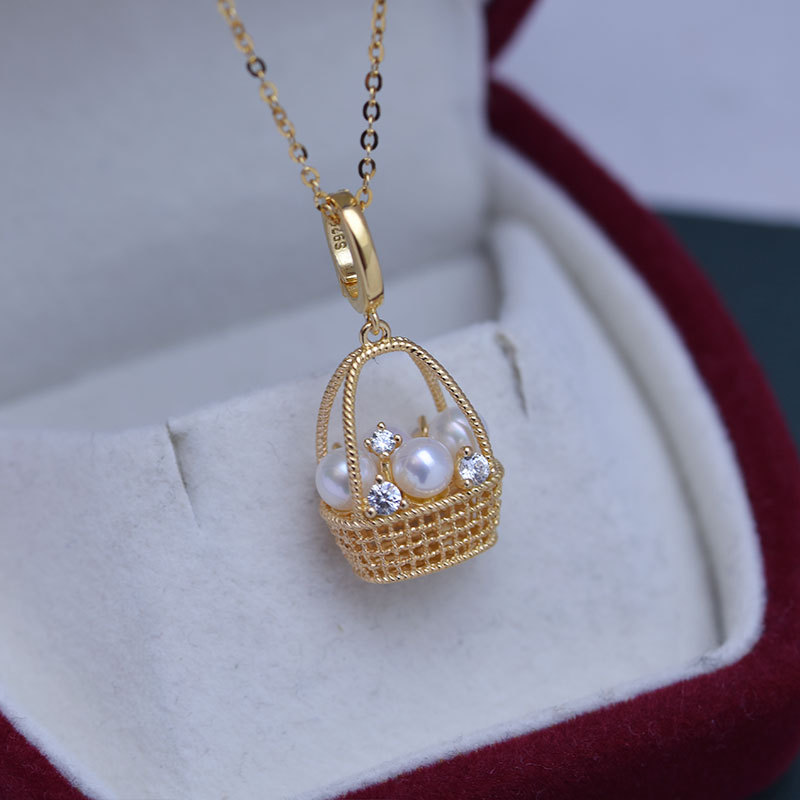 4 5mm淡水珍珠小花籃微鑲鋯石s925銀鎖骨鍊