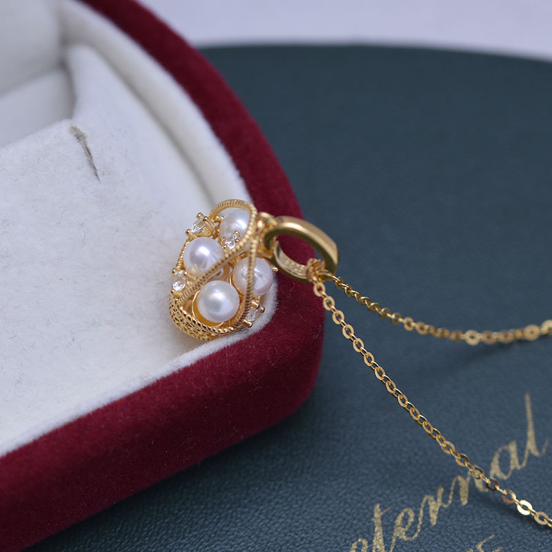 4 5mm淡水珍珠小花籃微鑲鋯石s925銀鎖骨鍊