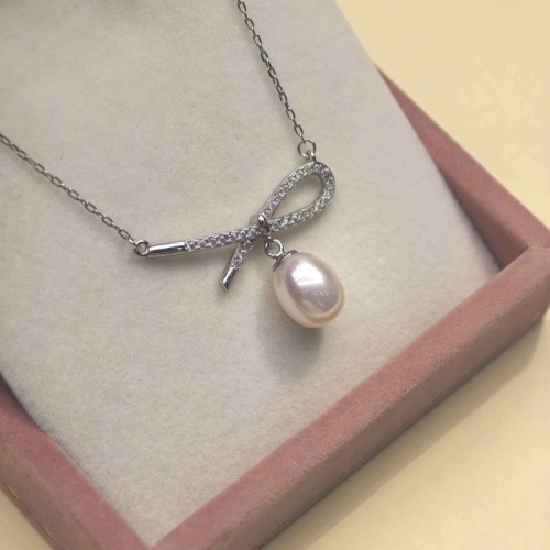 8 9mm蝴蝶結無核米珠天然淡水珍珠s925銀鎖骨鍊