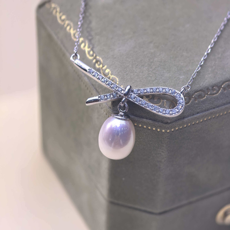 8 9mm蝴蝶結無核米珠天然淡水珍珠s925銀鎖骨鍊