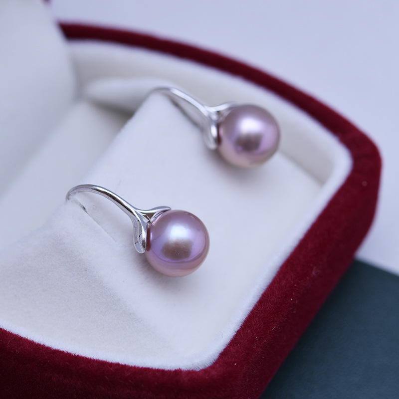 9 10mm正圓強光天然紫色淡水珍珠s925銀耳環