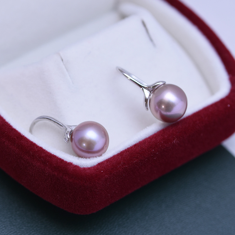9 10mm正圓強光天然紫色淡水珍珠s925銀耳環