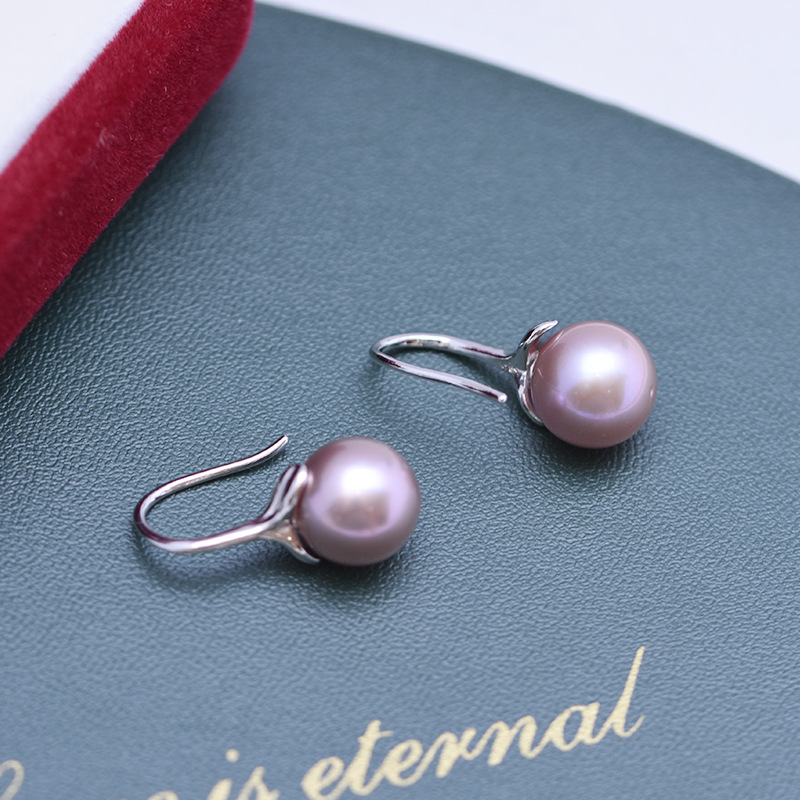 9 10mm正圓強光天然紫色淡水珍珠s925銀耳環