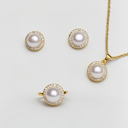 14k注金天然淡水諸暨珍珠項鍊耳環戒指套裝