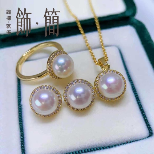 14k注金天然淡水諸暨珍珠項鍊耳環戒指套裝