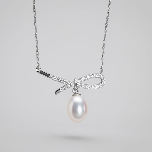 s925蝴蝶結設計諸暨天然淡水8mm珍珠項鏈45cm長