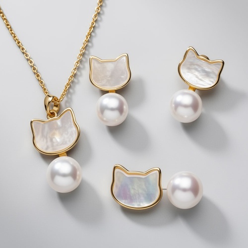 天然淡水黑貓白貓諸暨珍珠吊墜耳釘戒指套裝（白色/灰色）