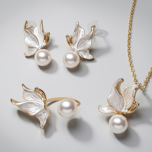 5a強光諸暨天然淡水饅頭形珍珠蝴蝶鍍金套裝（白色/灰色）