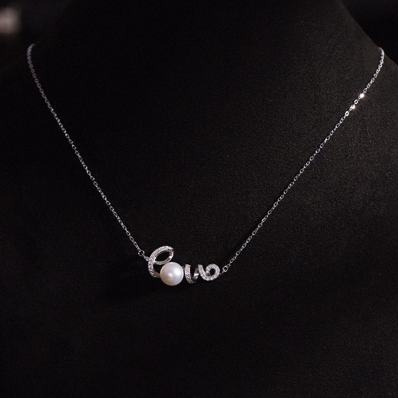 love字母天然淡水珍珠s925銀鎖骨鍊