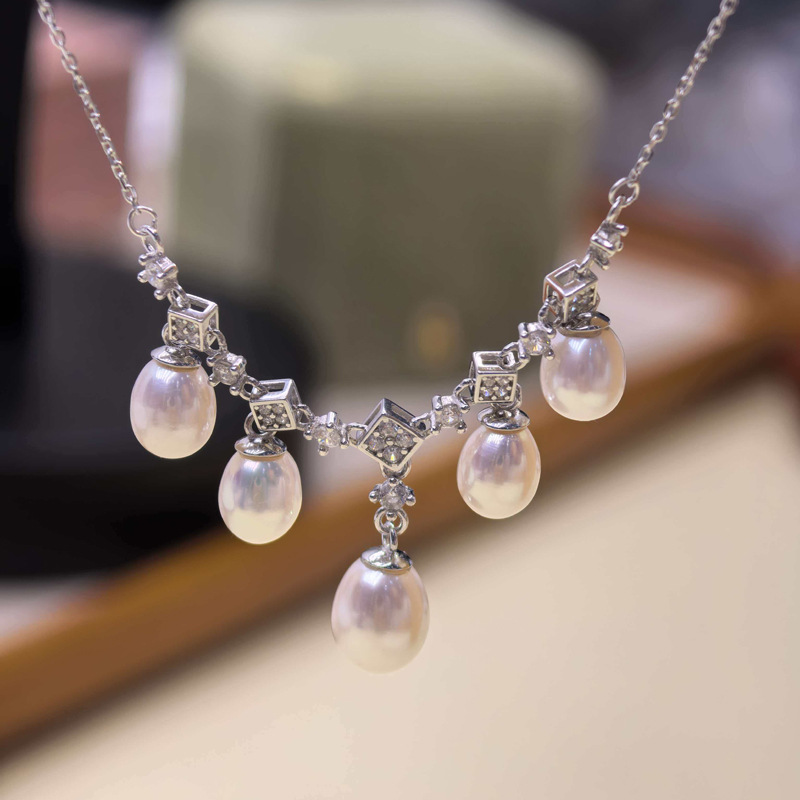 美人淚無核米珠天然淡水珍珠s925銀鎖骨鍊