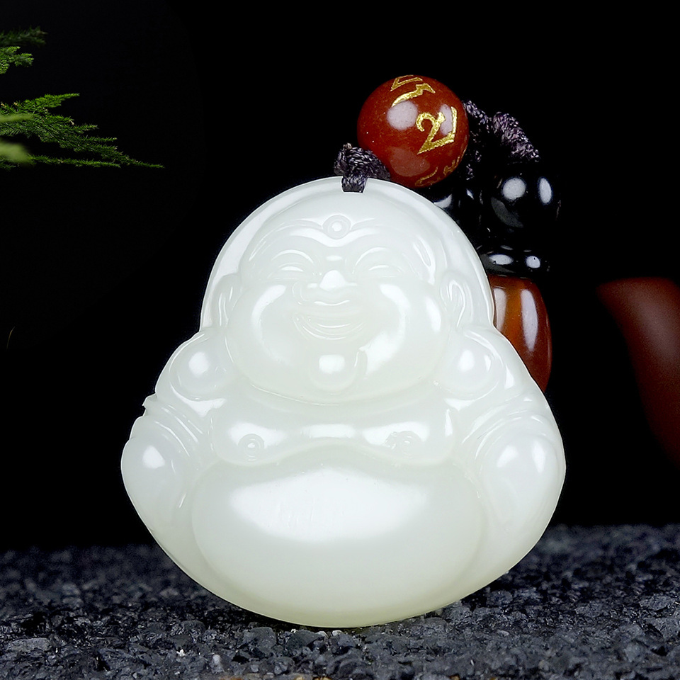 【新疆和田玉】天然白玉 精雕彌勒笑佛吊墜 開臉喜慶 附證書禮盒