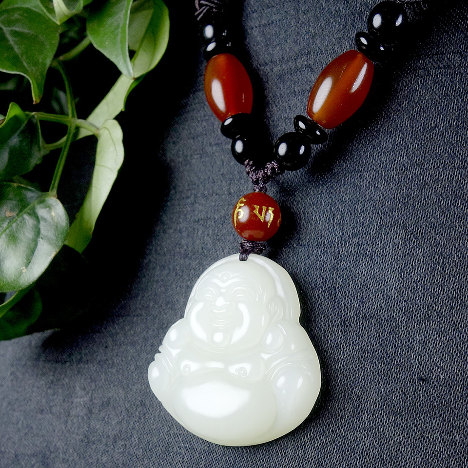 【新疆和田玉】天然白玉 精雕彌勒笑佛吊墜 開臉喜慶 附證書禮盒