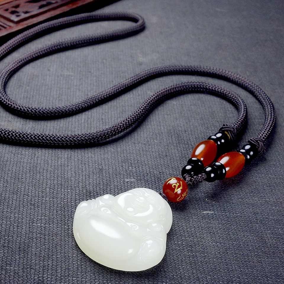 【新疆和田玉】天然白玉 精雕彌勒笑佛吊墜 開臉喜慶 附證書禮盒