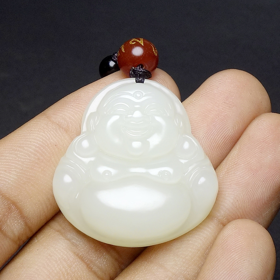 【新疆和田玉】天然白玉 精雕彌勒笑佛吊墜 開臉喜慶 附證書禮盒