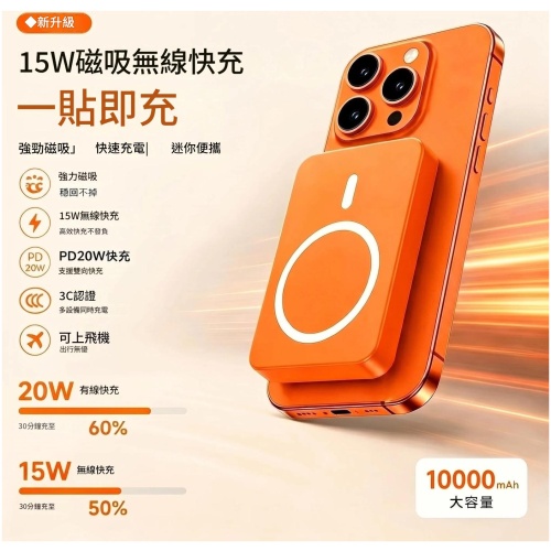 15W磁吸無線快充行動電源 10000mAh 雙向快充